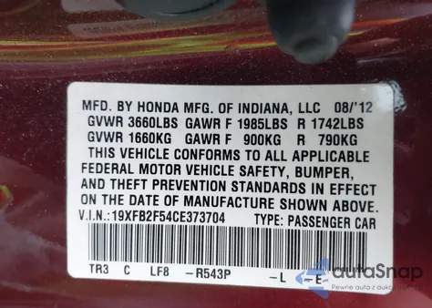 2012 Honda Civic Lx from USA, damaged, VIN 19XFB2F54CE373704